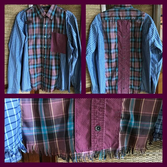 Upcycled Patchwork Button-Down Shirt, Size M-L: Boho Fringed Hem, Mixed Print - Picture 13 of 13